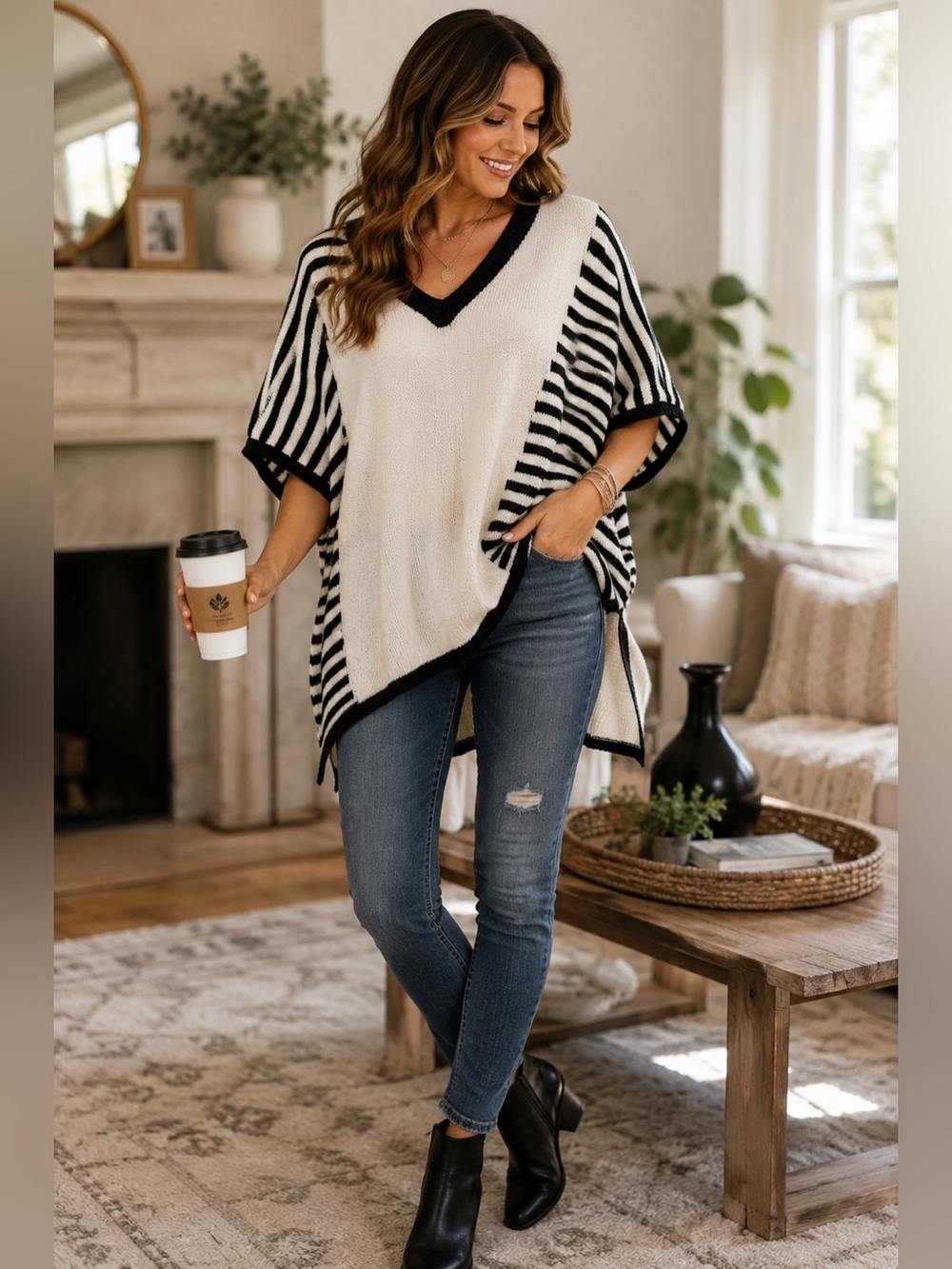POL Black Cream Striped Oversized V Neck Poncho Sweater Top L